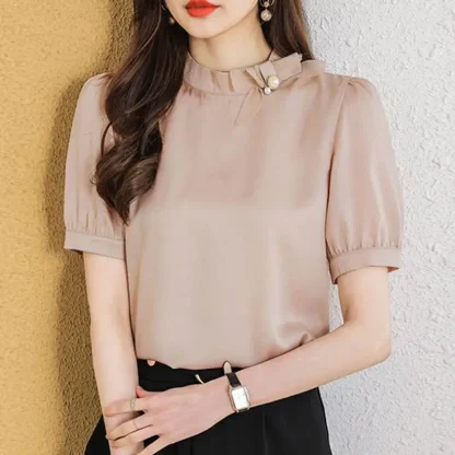 Elegant Short Sleeve Solid Color Shirt