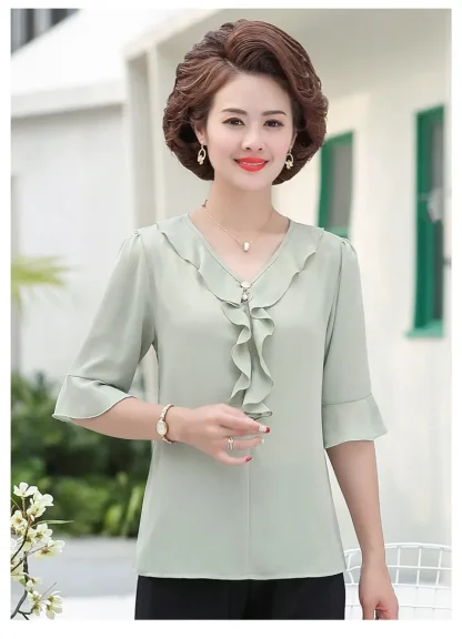 Ruffle V-neck Solid Color Shirt - Image 2