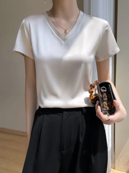 Soft V-neck Simple Solid Color Shirts - Image 2
