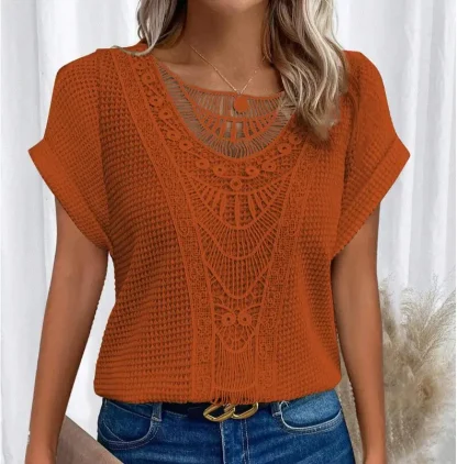 Lace Stitching Solid Color Shirt - Image 3