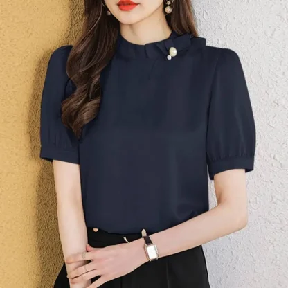 Elegant Short Sleeve Solid Color Shirt - Image 6