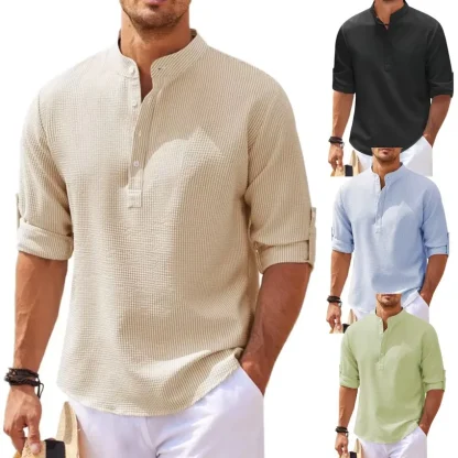 Buttoned Neckline Solid Color Shirts - Image 6