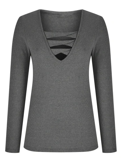 Knitted Cutout V-neck Solid Color Shirt - Image 3