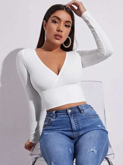V-neck Slim Fit Solid Color Shirts - Image 4