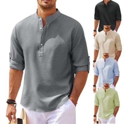 Buttoned Neckline Solid Color Shirts - Image 3
