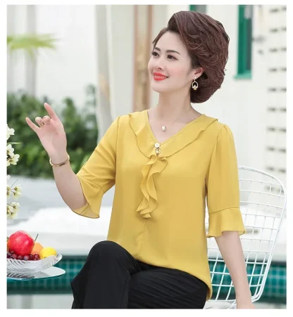 Ruffle V-neck Solid Color Shirt - Image 5
