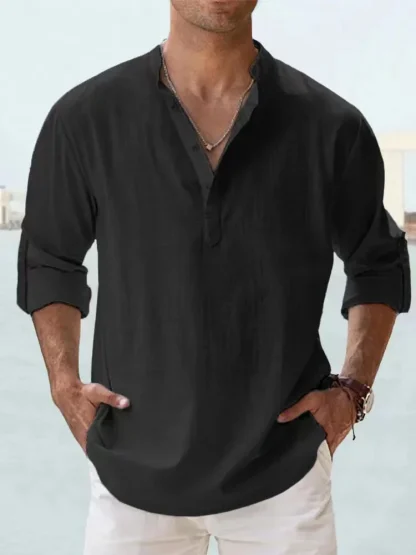 Buttoned V-neck Solid Color Shirts - Image 5