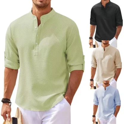 Buttoned Neckline Solid Color Shirts - Image 4
