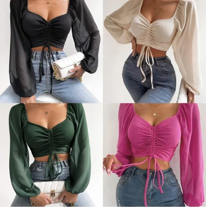 Drawstring Sexy Solid Color Shirts - Image 6