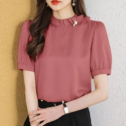 Elegant Short Sleeve Solid Color Shirt - Image 4