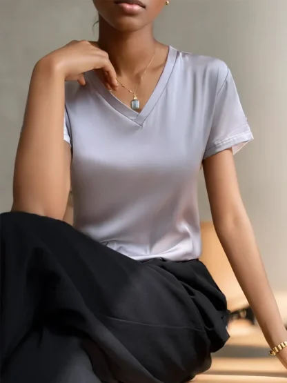 Soft V-neck Simple Solid Color Shirts - Image 5