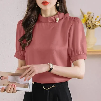 Elegant Short Sleeve Solid Color Shirt - Image 3