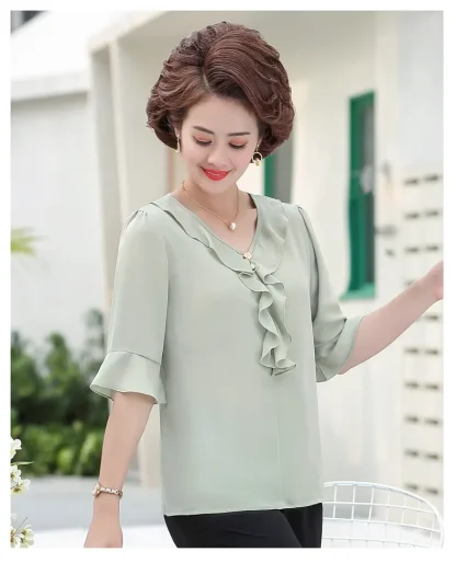 Ruffle V-neck Solid Color Shirt - Image 3