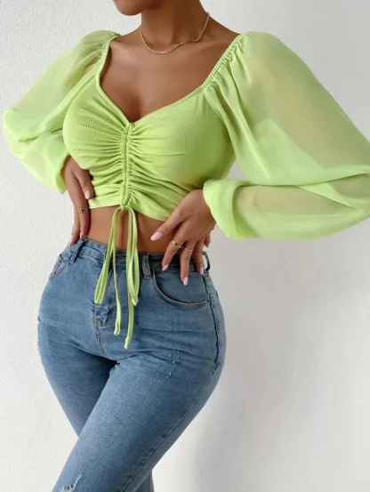 Drawstring Sexy Solid Color Shirts - Image 4