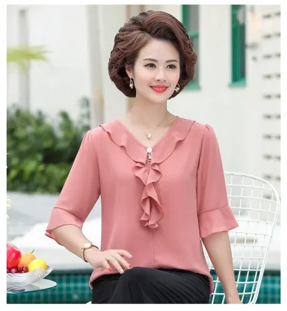 Ruffle V-neck Solid Color Shirt - Image 4