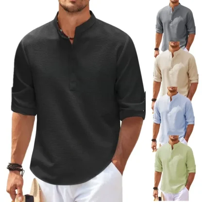 Buttoned Neckline Solid Color Shirts - Image 2