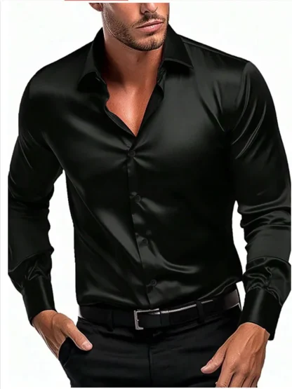 Shiny Long Sleeve Solid Color Shirt - Image 4