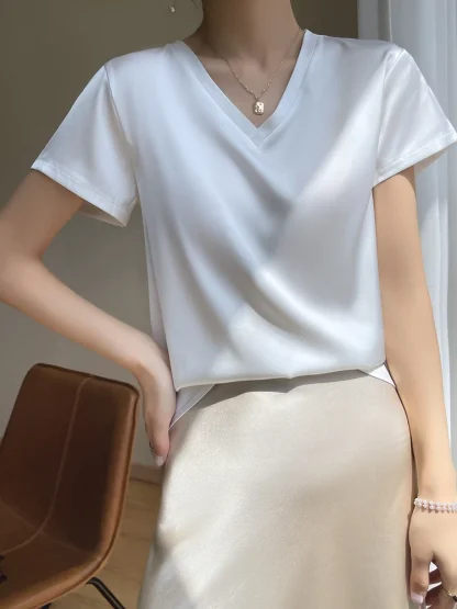 Soft V-neck Simple Solid Color Shirts - Image 3